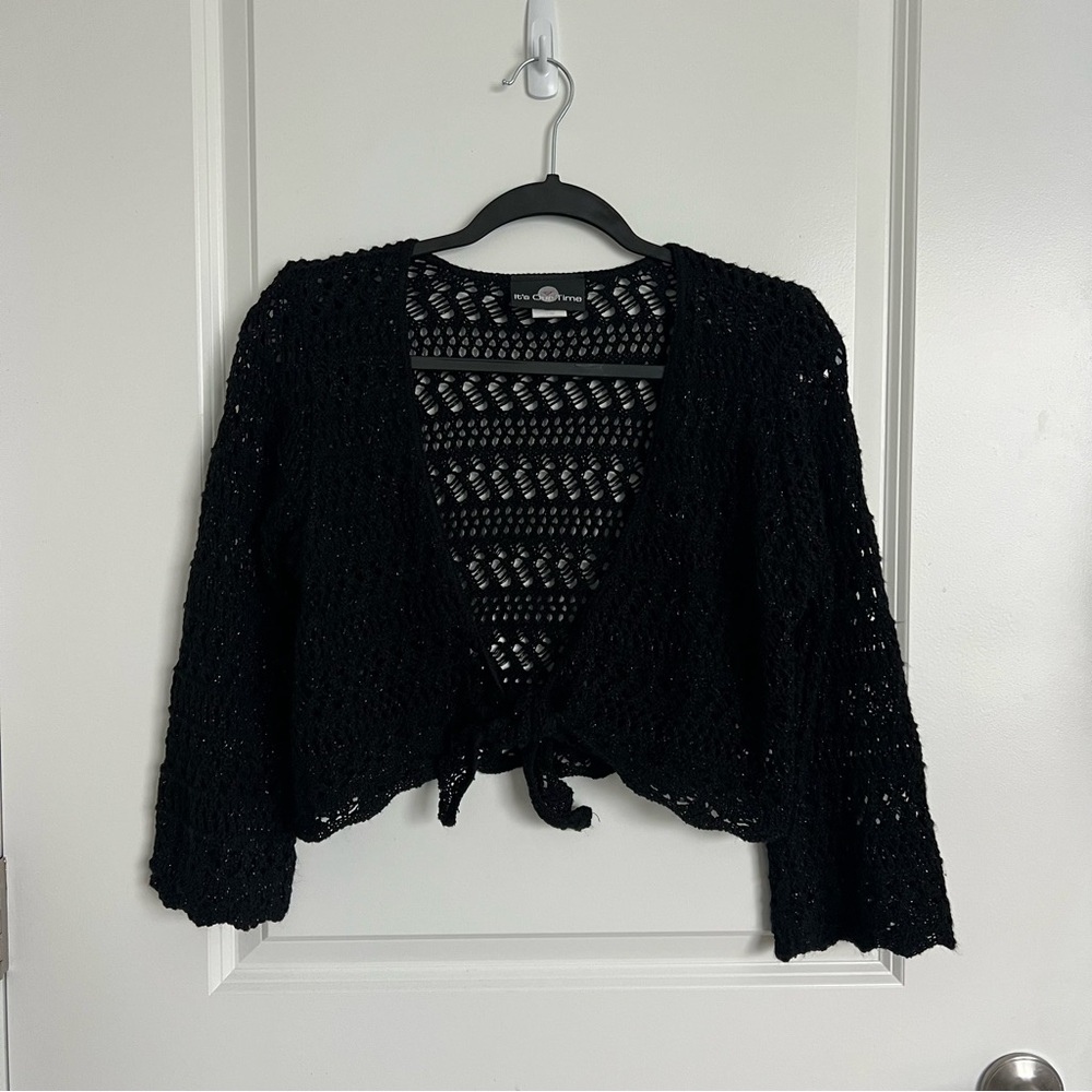 Vintage Style Tie-Front Crochet Crop Sweater with Sparkle | Size L (M/L Fit)